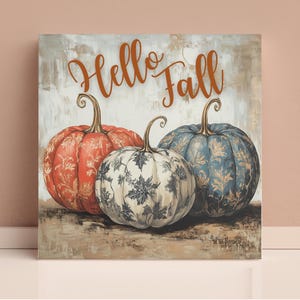 Hello Fall Pumpkin Wall Art Canvas, Rustic Toile Pumpkin Design, Farmhouse Wall Decor, Fall Pumpkin Wall Art, Seasonal Decor Rustic Wall Art