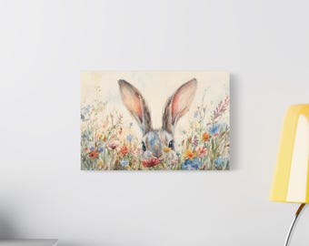 Arte en lienzo de conejito caprichoso, adorable conejito y flores silvestres, arte de pared en lienzo, decoración de Pascua, decoración de primavera, decoración rústica de granja, decoración vintage