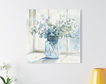 Arte en lienzo con frasco de eucalipto, decoración rústica para el hogar, arte de pared de granja, arte de pared de naturaleza, regalo de inauguración de la casa, impresión botánica, decoración de la sala de estar
