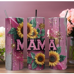 Sunflower Mom Skinny Tumbler, Floral Tumbler, Personalized Gift ,MAMA 20oz Skinny Tumbler, Rustic Glam Tumbler, Gift for Mom, Pink Leopard
