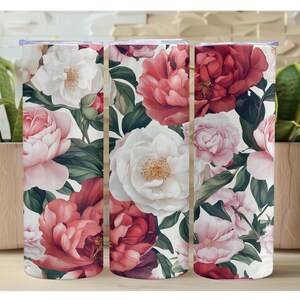 Peony & Rose 20oz Skinny Tumbler Skinny Tumbler with Straw, Stylish Travel Cup, Gift for Her, Floral Tumbler, Pretty Insulated Tumbler
