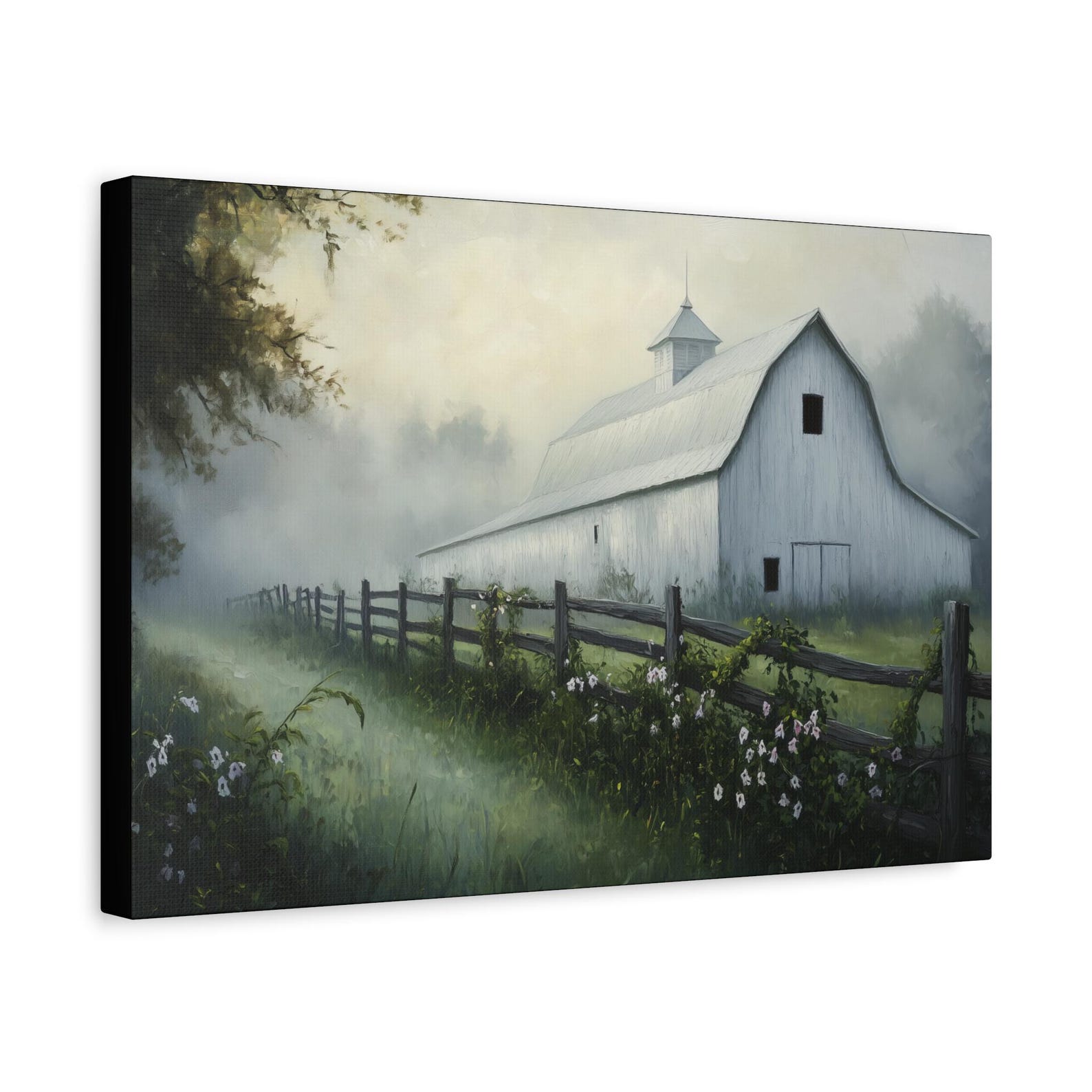 White Barn Canvas Print, Misty Country Morning, Farmhouse Wall Art - Etsy