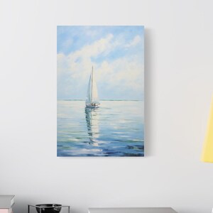 May include: A painting of a sailboat with white sails on a calm blue sea with a light blue sky and white clouds.