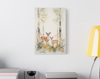 May include: A watercolor painting of two deer standing in a forest. The deer are brown and white, and the forest is a soft green and brown. The painting is on a white background.