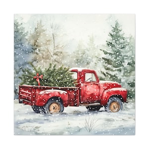 Vintage Red Truck with Christmas Tree Watercolor Canvas Art Print, Rustic Holiday Decor, Farmhouse Christmas, Red Truck Decor, Rustic Canvas