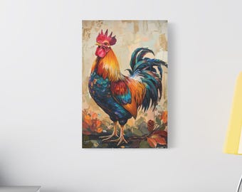 May include: A colorful rooster with a red comb and wattle stands on a branch with fall foliage. The rooster's feathers are a mix of blue, green, orange, and red.