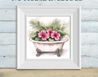 Farmhouse Hibiscus Bath Art Print, Tropical Cottagecore Decor