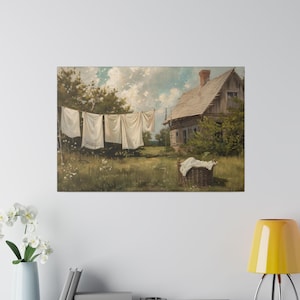Watercolor Rustic Farmhouse with Laundry on the Line, Laundry Print, Rustic Farmhouse, Farmhouse Canvas Print, Laundry Room Print