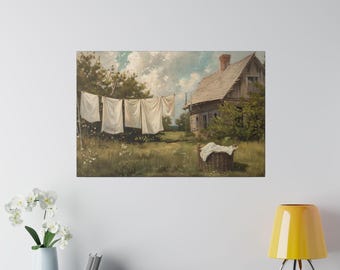 Acuarela de casa de campo rústica con ropa tendida, impresión de lavandería, casa de campo rústica, impresión en lienzo de granja, impresión de lavadero
