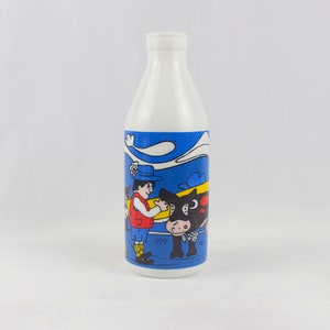 Collectible Vintage Glass Milk Bottle with Colorful Farmhouse Art - Retro Kitchen Decor - Unique White Glass Dairy Bottle