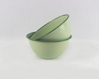 Vintage Enamelware Bowls - Light Green with Dark Green Trim, Rustic Kitchen Prep Bowls, Mid-Century Modern Dining, Retro Cookware