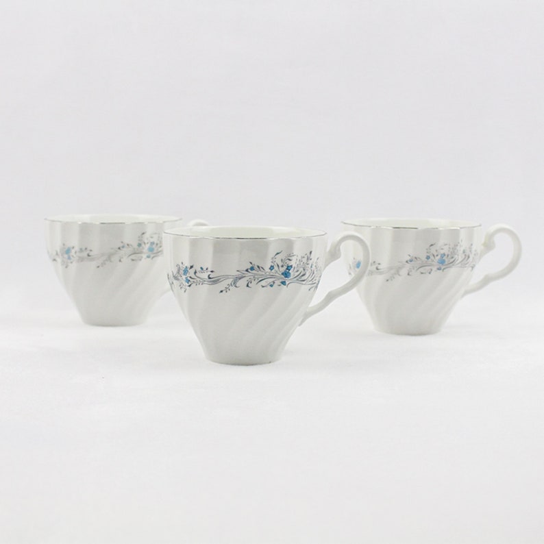 Vintage White Tea Cups With Blue Flowers Silver Line Made in Etsy
