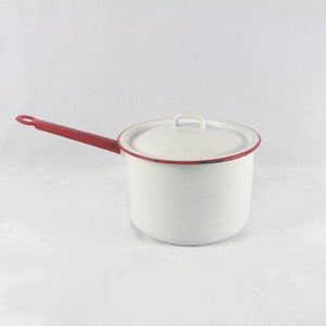 Retro White Enamel Saucepan with Lid - Red Trim, Vintage Kitchen Cookware