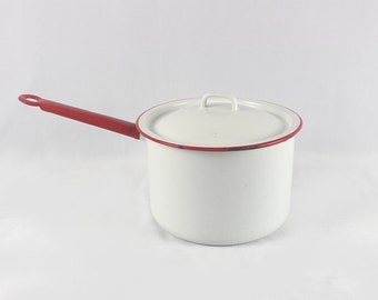 Pentola in smalto bianco retrò con coperchio - finiture rosse, pentole da cucina vintage