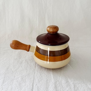 Vintage Enamel Fondue Pot | Striped Design Wood Handle | Mid Century Kitchen | Retro Cookware | 70s Brown Orange Cream