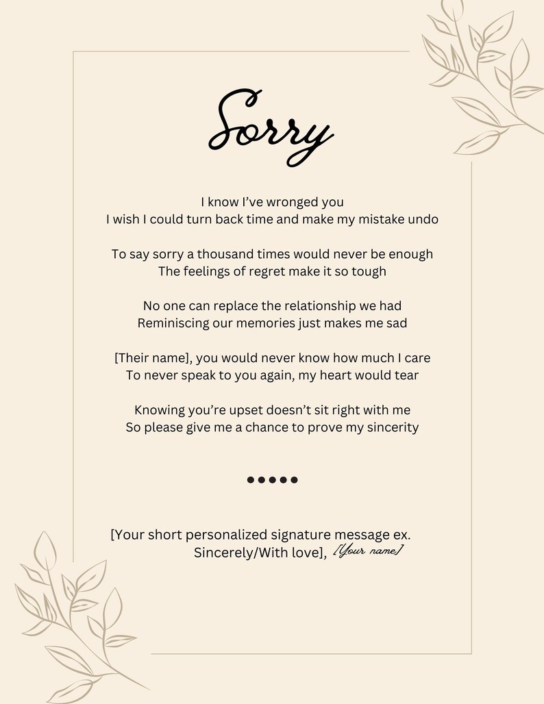 Personalized Poem Apology, Custom Poem Printable, Poetry, DIY Gift