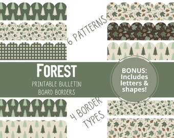 PRINTABLE Forest Bulletin Board Borders - Nature Bulletin Borders with Circle, Pennant Shape, Letters, and Numbers for your Classroom Decor