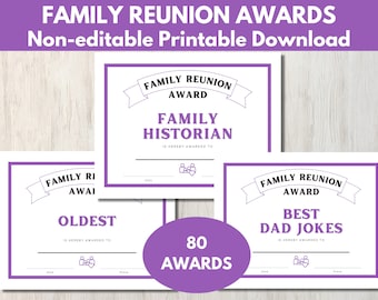 Family Reunion Awards - 80 Printable Reunion Award Certificates in purple (non-editable)