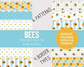 PRINTABLE Bees and Hive Bulletin Board Borders - Bulletin Borders with Circle, Pennant Shape, Letters, and Numbers for Classroom Decor