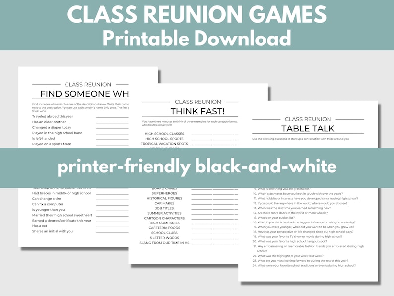 Class Reunion Games Bundle Printable High School Class Reunion