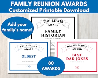 Family Reunion Awards - 80 Customized Printable Reunion Award Certificates (non-editable)