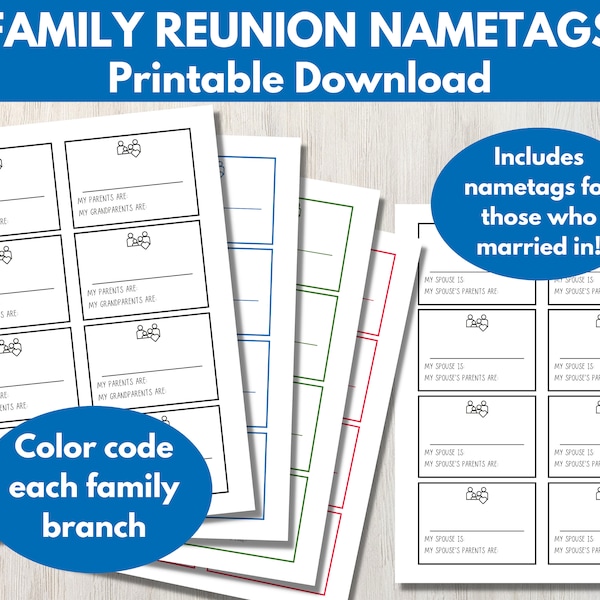 Family Reunion Name Tags - Printable Reunion Nametags with family tree information, color-coded for your family gathering