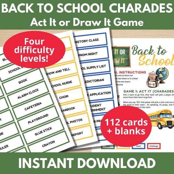 Back to School Charades (Act It or Draw It) Printable Game for First Day of School, New School Year, Teacher Resources, Classroom Activity