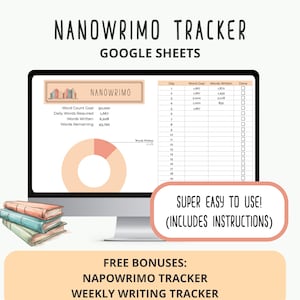 以下が含まれることがあります： ナノワリモトラッカーを搭載したGoogleスプレッドシートが表示されたコンピューター画面。スプレッドシートには、単語数の目標、1日あたりの必要な単語数、書かれた単語数、残りの単語数が含まれています。スプレッドシートには、書かれた単語数の割合を示す円グラフも含まれています。「SUPER EASY TO USE! (INCLUDES INSTRUCTIONS)」というテキストがスプレッドシートの下に表示されます。「FREE BONUSES: NAPOWRIMO TRACKER WEEKLY WRITING TRACKER」というテキストがテキストの下に表示されます。