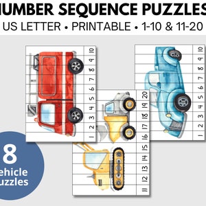 Vehicles Number Sequence Puzzles - Printable Number Counting Puzzle for Preschoolers and Toddlers