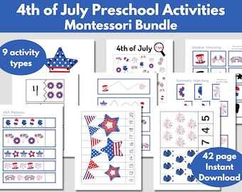 Paquete Montessori del 4 de julio: actividades preescolares imprimibles para números, conteo, patrones y combinación para niños pequeños