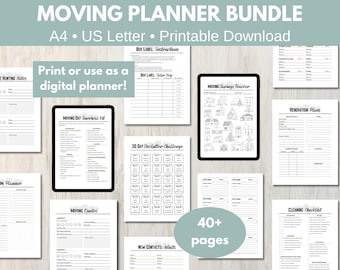 Moving checklist and moving planner - Printable moving binder with decluttering challenge, budget, trackers, garage sale, packing box labels