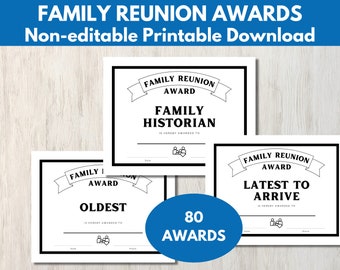 Family Reunion Awards - 80 Printable Reunion Award Certificates in black-and-white (non-editable)
