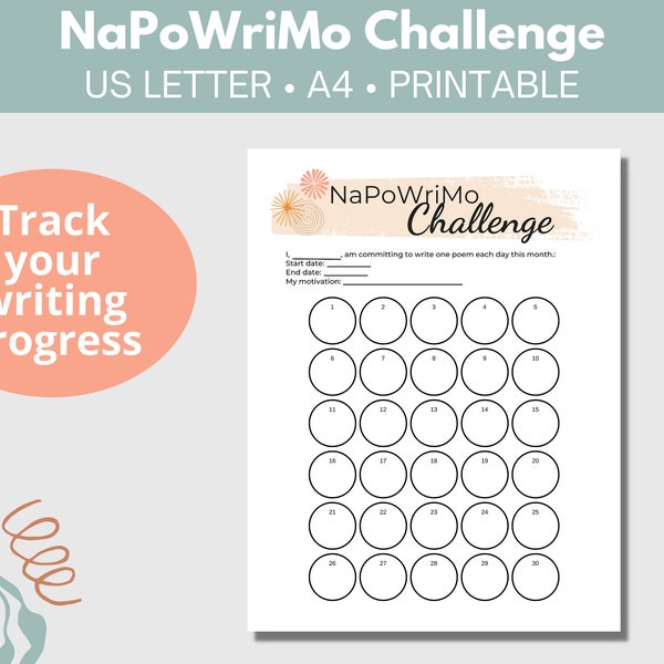 NaPoWriMo Poetry Challenge Tracker | Writing Challenge | Daily Writing Habit for Authors | Monthly Tracking Sheet for Poems