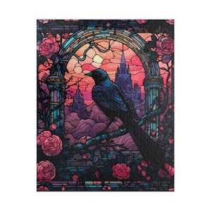 Gothic Stained Glass Raven Jigsaw Puzzle, Gifts, Dark Halloween Spooky Raven Puzzle, Games, Difficult Puzzle 110, 252, 500-piece image 1