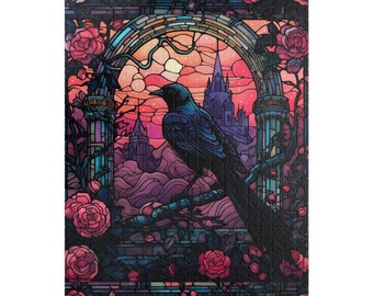 Gothic Stained Glass Raven Jigsaw Puzzle, Gifts, Dark Halloween Spooky Raven Puzzle, Games, Difficult Puzzle (110, 252, 500-piece)