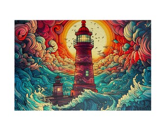 Stained Glass Lighthouse Puzzle, Gift, 1000 Piece Jigsaw Puzzle, Ocean Waves Stained Glass Puzzle, Large Intermediate Puzzle, Game Night