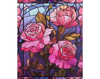 Colorful Pink Roses Stained Glass Puzzle, Gift, Pink Rose Jigsaw Puzzle, Games, Stained Glass Puzzle (110, 252, 500-piece)