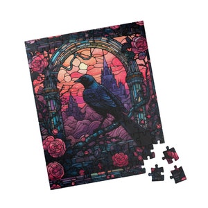 Gothic Stained Glass Raven Jigsaw Puzzle, Gifts, Dark Halloween Spooky Raven Puzzle, Games, Difficult Puzzle 110, 252, 500-piece image 7