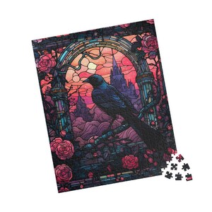 Gothic Stained Glass Raven Jigsaw Puzzle, Gifts, Dark Halloween Spooky Raven Puzzle, Games, Difficult Puzzle 110, 252, 500-piece image 3