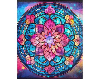 Stained Glass Rainbow Mandala Puzzle, Gift, Colorful Flower Pattern Puzzle, Hard Jigsaw Puzzle, Stained Glass Puzzle (110, 252, 500-piece)