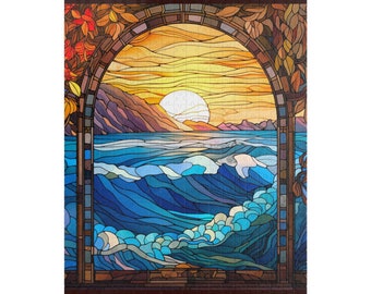 Stained Glass Sunset Beach Waves Puzzle, Colorful Stained Glass Window Puzzle, Sunset Beach Puzzle, Stained Glass Puzzle(110, 252,500-piece)