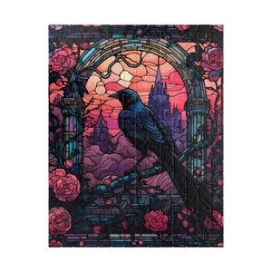 Gothic Stained Glass Raven Jigsaw Puzzle, Gifts, Dark Halloween Spooky Raven Puzzle, Games, Difficult Puzzle 110, 252, 500-piece image 9