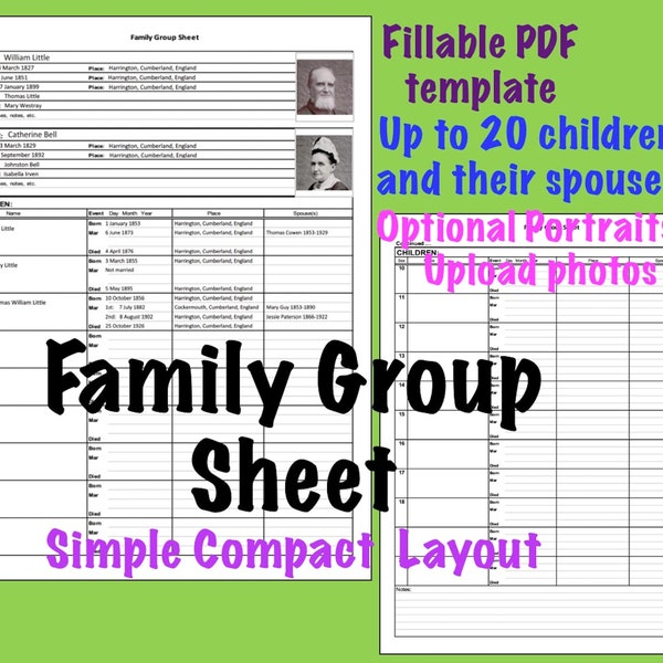 Family Group Sheet Template up to 20 children