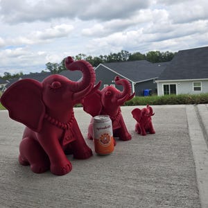 May include: Three matte red elephant figurines of varying sizes arranged in a row. Each elephant features a necklace with a triangular pendant displaying the Greek letters Delta Sigma Theta. A Spindrift Blood Orange sparkling water can is placed next to the largest elephant for scale.