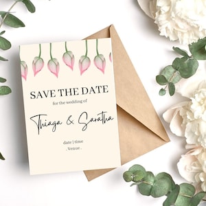 Roze Lotusbloem Save The Date Indiase bruiloft uitnodiging sjablonen Bewerkbare hindoe bruiloft uitnodiging minimalistische sjablonen Desi bruiloft