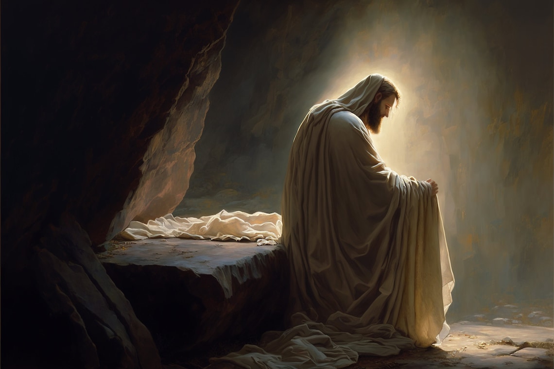 Resurrected Jesus Christ in Tomb on Easter Sunday Portrait Digital