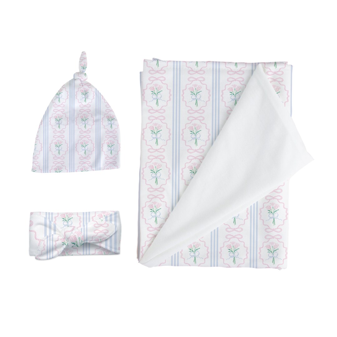 Grandmillennial Bow Swaddle Girl Blanket, Bows Floral Swaddle Beanie