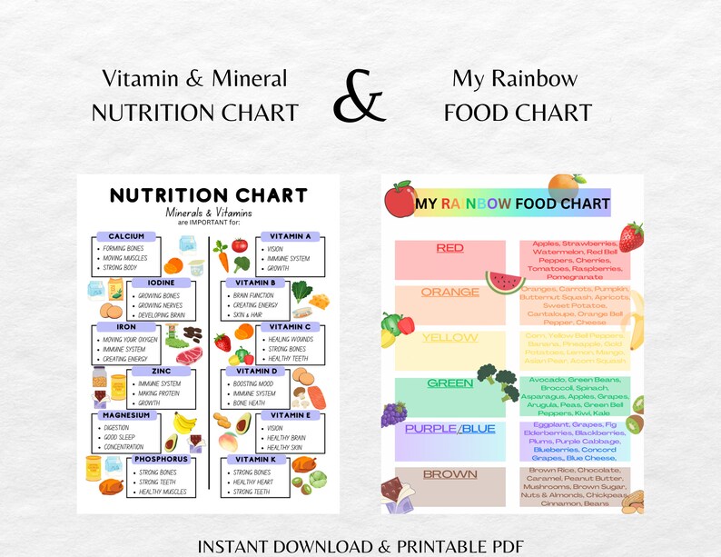 Kids Rainbow Food Chart & Nutrition Vitamins and Minerals Chart Bundle ...