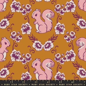 May include: Mustard yellow fabric featuring a repeating pattern of pink squirrels and floral designs. The flowers are white and purple. The text "RUBY STAR SOCIETY" is at the bottom of the image.