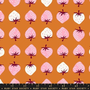 May include: A seamless pattern featuring pink and white strawberries on a burnt orange background. The strawberries are stylised with a simple design and have white seeds.